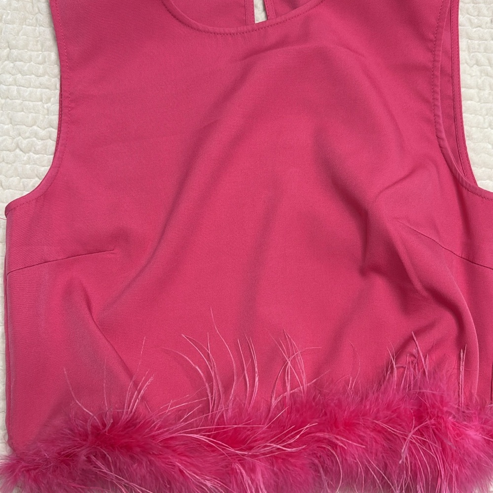 Pink Lily Hot Pink Feather Trim Crop Top